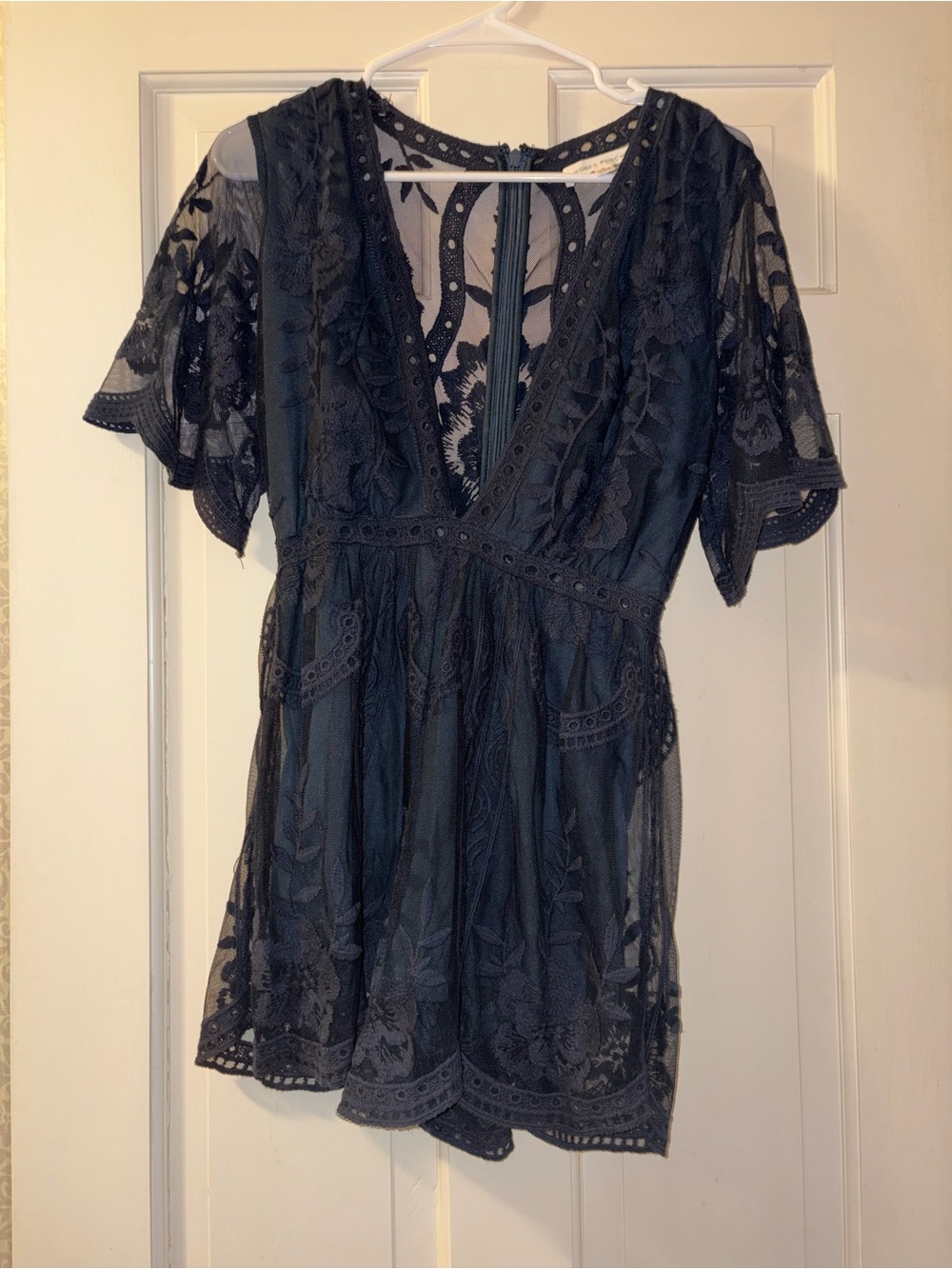 Honey Punch Navy Lace Romper with Floral Embroidery